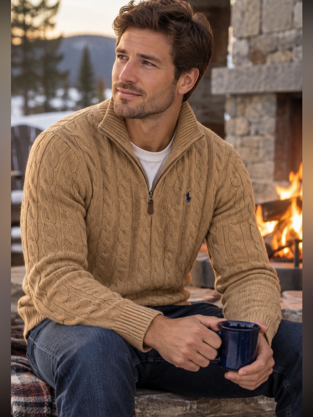 Ralph Lauren Men's Cable-Knit Quarter-Zip Sweater - Tan size Large